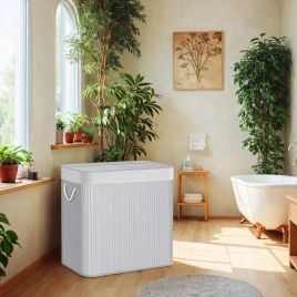 Laundry Basket - VERRA 3-Section Bamboo Hamper with Lid 150L - Grey