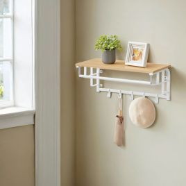 Coat Rack - VERRA Wall Mounted Clothes Rail with 5 Removable Hooks and Shelf - Natural