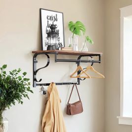 Coat Rack - VERRA Industrial Wall Mounted Shelf with 5 Hooks and Hanging Rail - Brown Black