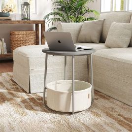 Side Table - VERRA Round End Table with Fabric Basket - Cement Grey