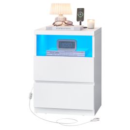 DODEMY Bedside Table with LED Light - White