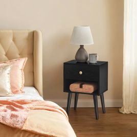 Bedside Table - VERRA Storage Drawer Open Shelf Solid Wood Leg - Black