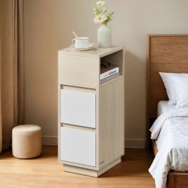 Side Table - VERRA Narrow Slim End Table with 2 Drawers and 1 Open Compartment - Natural