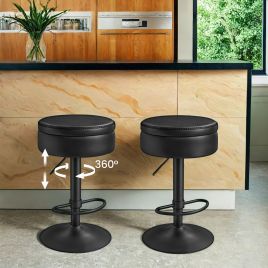 Bar Stool - VERRA Spin Swivel Height Adjustable with Storage Synthetic Leather with Stitching - Black