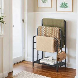 Towel Rack - VERRA Freestanding 3 Tier Blanket Holder with Storage Shelf - Black