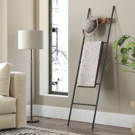 Towel Rack - VERRA 5 Tier Decorative Ladder Shelf with 4 Removable Hooks Metal Frame - Black