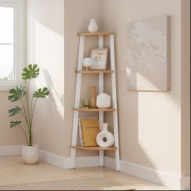 Corner Shelf - VERRA 4 Tier Bookshelf Storage Unit with Steel Frame - White Golden Oak