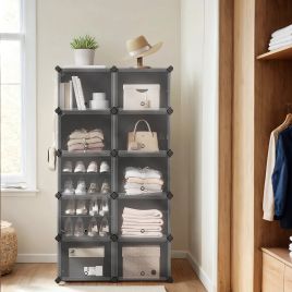 VERRA Shoe Rack - 10 Slots Interlocking Modular Storage Tall Large Sized Rack - Black