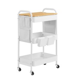 MAPLETHORN 3-Tier Rolling Organizer Kitchen and Dining Trolley with Tabletop and Removable Hanging Cups - White