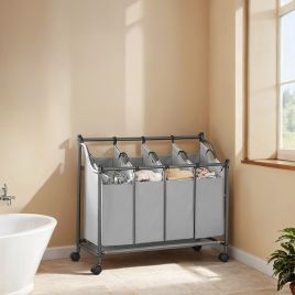 Laundry Sorter - VERRA Rolling Basket with 4 Removable Bags - Grey