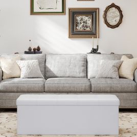 Ottoman Bench - VERRA Folding Storage Bench PU Leather 110 cm - White