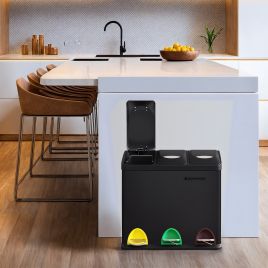 Kitchen Bin - VERRA 3 x 8L Metal Pedal Trash Bin with Lids and Bucket - Black