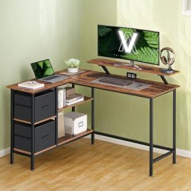 Gaming Desk - VERRA L-Shaped with Monitor Stand, Drawers, Adjustable Shelf 135cm - Ebony Black