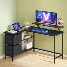 Gaming Desk - VERRA L-Shaped with Monitor Stand, Drawers, Adjustable Shelf 135cm - Rustic Brown