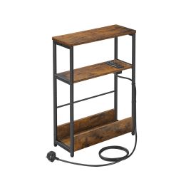 Side Table - VIVNIA 3 Tier Slim with Charging Station Rustic Brown and Black