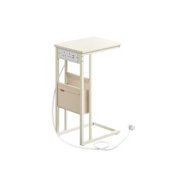 Bedside Table - VIVNIA C-Shaped with Charging Station - Cream