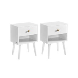 Bedside Tables - ZARZA Set of 2 with Drawers and Solid Wood Leg - White