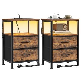 NEWOAK Set of 2 Bedside Tables with LED Lights - Rustic Brown