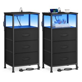 NEWELM Set of 2 Bedside Tables with 3 Drawers and Charging Station - Ink Black