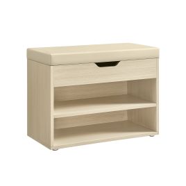 NOVRIA Shoe Bench - 2 Tier with Drawer Padded Seat Small Sized Bench - Natural Beige