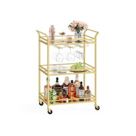 Drinks Trolley - VELNOS 3 Tier with Wheels and Handles 38D x 60W cm - Gold