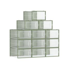 12-Pack Stackable Plastic Shoe Boxes Transparent and Laurel Green