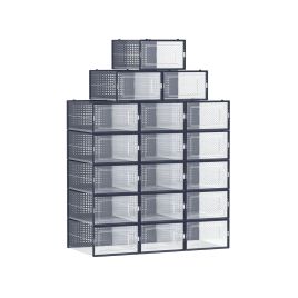 18-Pack Stackable Plastic Shoe Boxes Transparent and Charcoal Blue