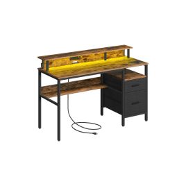 Gaming Desk - FINLIA 135 cm Wide with LED Light - Rustic Brown