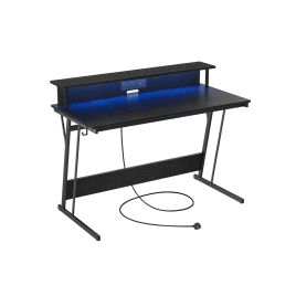 Gaming Desk with LED Lights and Built-In Power Outlets - Ebony Black