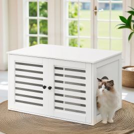 Cat Litter Box Cabinet - MARRAE Enclosed Pet Furniture with Removable Divider - White