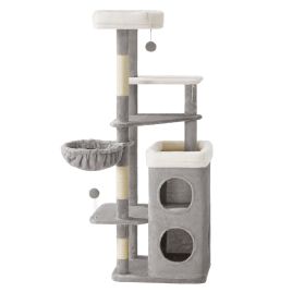 PEGEFY Tall Cat Tree with 2 Caves - Light Grey