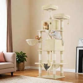 Cat Tree - MARRAE Extra Large Tower with 13 Scratching Posts, 2 Perches, Hammock - Beige