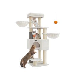 Cat Tree - AVORAE Large Cat Condo with Scratching Posts - White and Beige