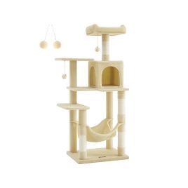 Cat Tree - FINRIA 143 cm Plush with 4 Scratching Posts - Beige