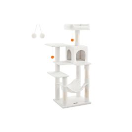 Multi-Level Plush Cat Condo with 4 Scratching Posts, 2 Perches, Cave, Hammock, Pompoms
