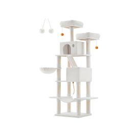 206 cm Large Multi-Level Cat Tree with 13 Scratching Posts Cream White