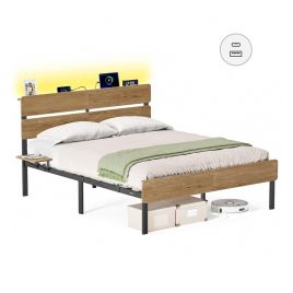 SIVURO Double Metal Bed Frame with LED Lights and Storage - Natural Brown - 135 x 190 cm