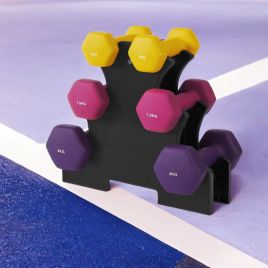 Dumbbell Set - LUSNOS Hex Neoprene with Stand 2 x 2 kg, 2 x 1.5 kg, 2 x 1 kg - Multi Colour