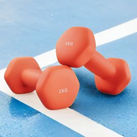 Dumbbells - LUSNOS Set of 2 Neoprene Hex 2 x 1 kg with Bar - Orange
