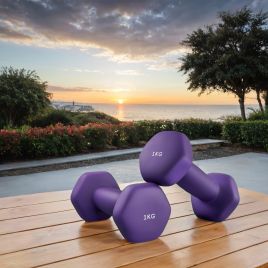 Dumbbells - LUSNOS Set of 2 Neoprene Hex Dumbbells - 1 kg each with Bar - Purple