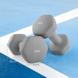 Dumbbells - LUSNOS Set of 2 Neoprene Hex Dumbbells - 2 x 5 kg with Bar - Grey