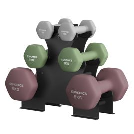 TEXIMU Vinyl Dumbbell Set with Stand - Light Grey, Ivy Green and Wine Red
