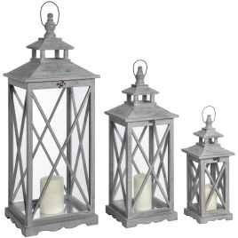 Wooden Lanterns With Traditional Cross Section - Set of 3