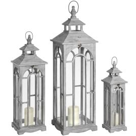 Grey Wooden Lanterns With Archway Design - Set Of 3