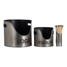 Pewter Finish Logs Kindling Buckets and Matchstick Holder