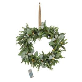 LED Winter Wreath With Eucalyptus And Lambs Ear - Green