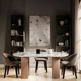 ASHMERE Natural Marble and Wood Pedestal 6-8 Seater Dining Table - Oak Finish