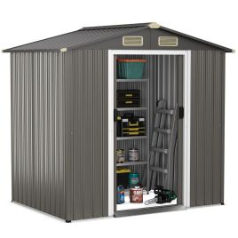 Garden Storage - 6 x 4 Feet Outdoor Metal Storage Shed with Ventilation Sliding Doors-Light Grey