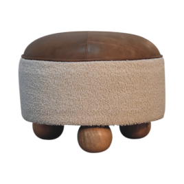 Isabeau Boucle Buffalo Hide Round Footstool with Ball Feet - Brown and Cream