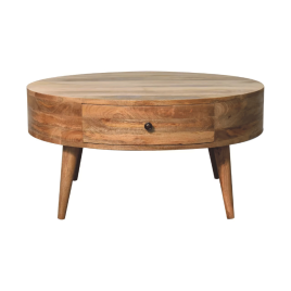 Bohemian Round Coffee Table with 2 Drawers - Oak